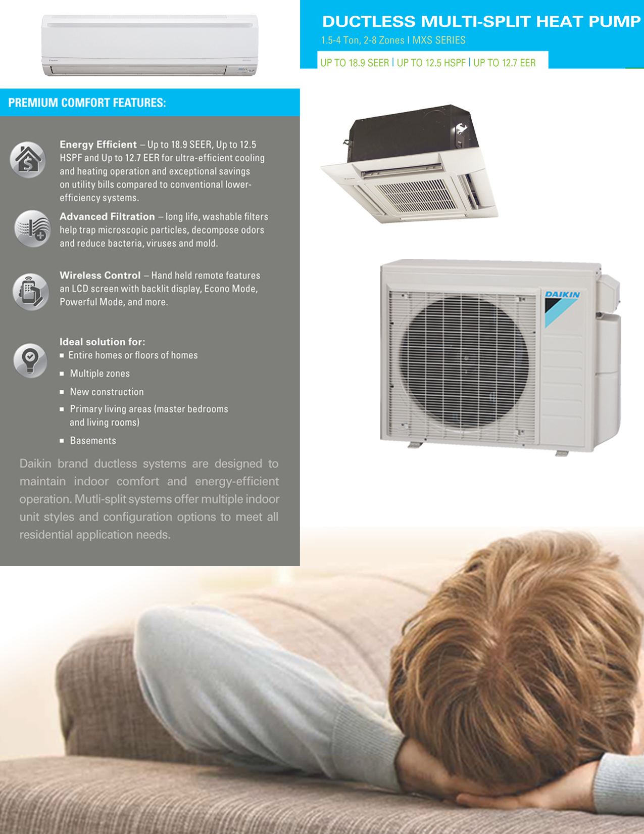 Mini Split Multi 4 Zone Daikin up to 17.7 SEER Heat Pump System 4MXS36RMVJUA x 4 Wall Mount or Ceiling Cassette (F)